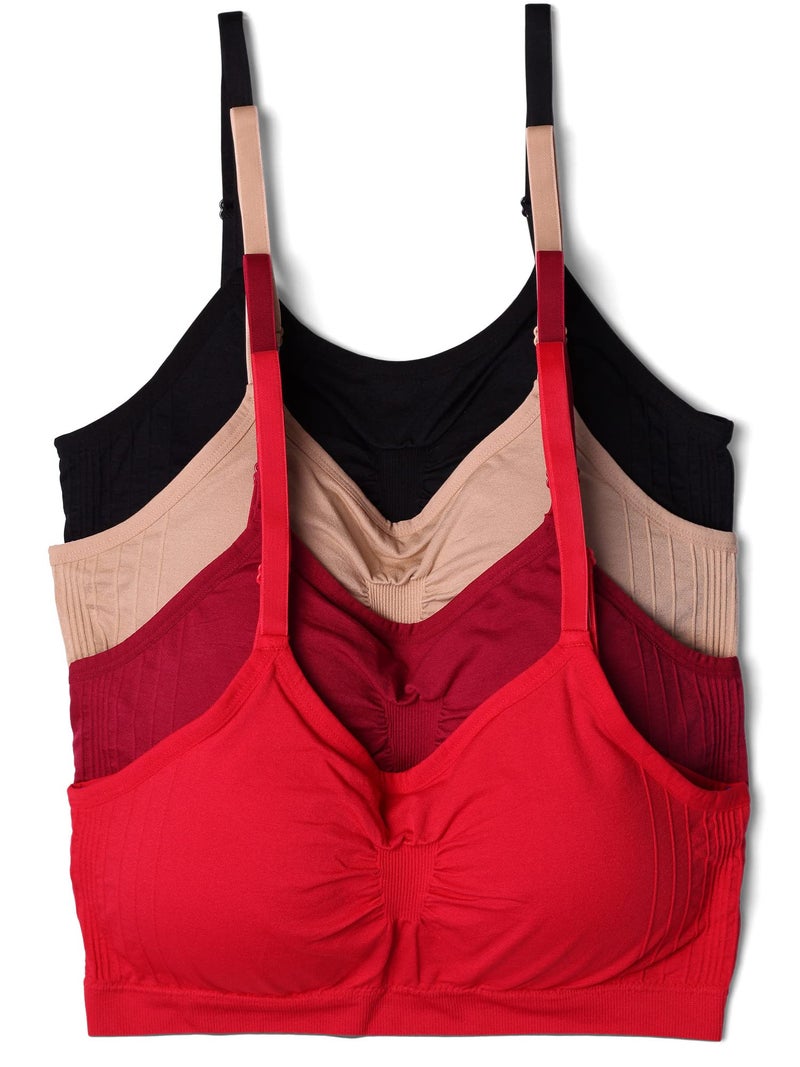 Kalon 4 Pack Nylon Spandex Removable Pads Comfort Bras Ext Sizes (X-Large, Red Basics) - Image 1